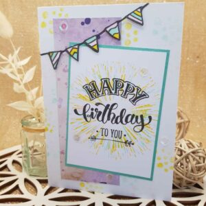 carte anniversaire banderole vert jaune rose