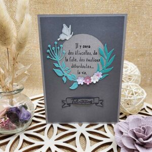 Carte de vœux mariage PACS grise "Étincelles folie émotions" artisanale Un oeil créatif