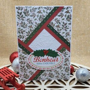 Carte hiver “Bonheur d’être ensemble” faite main avec feuillages et touches rouges, création artisanale Un oeil créatif