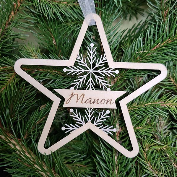 Suspension de sapin en bois personnalisée, flocon pailleté et prénom gravé